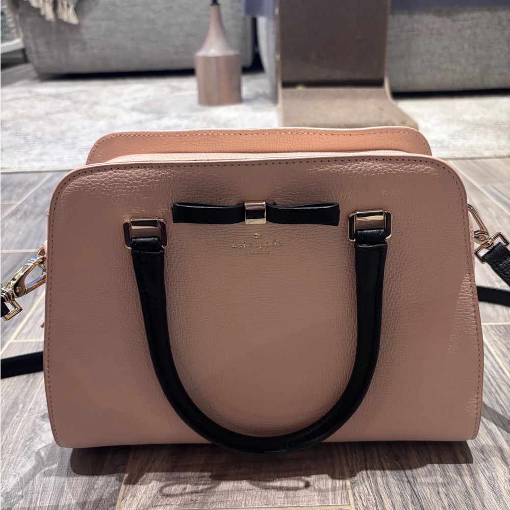 kate spade Blush Pink Crossbody Satchel with Black Handles and Bow Accent